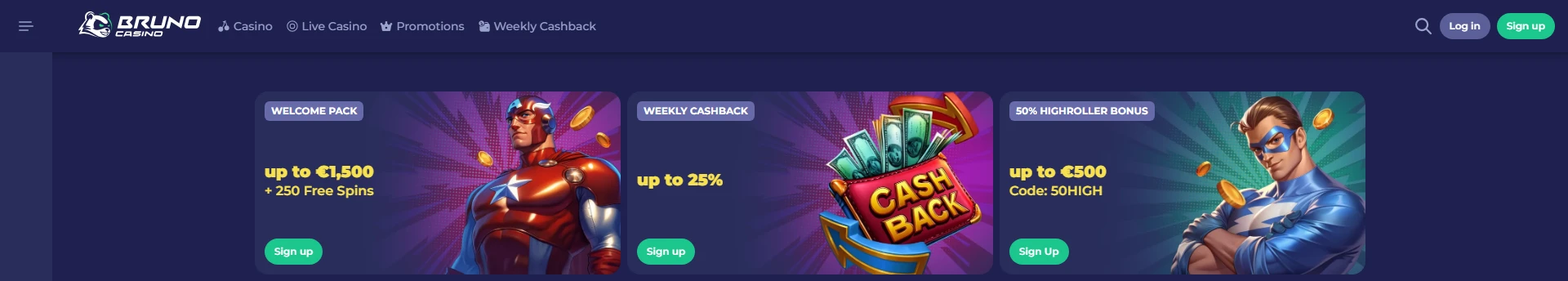 A Bruno Casino welcome banner with a sign-up form and bonus offer.